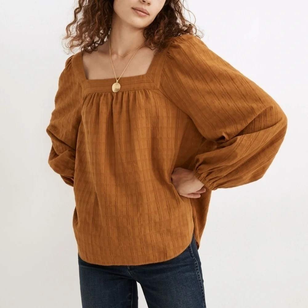 NEW Madewell Square Neck Bubble Sleeve Top Antique Gold Womens Small Peasant